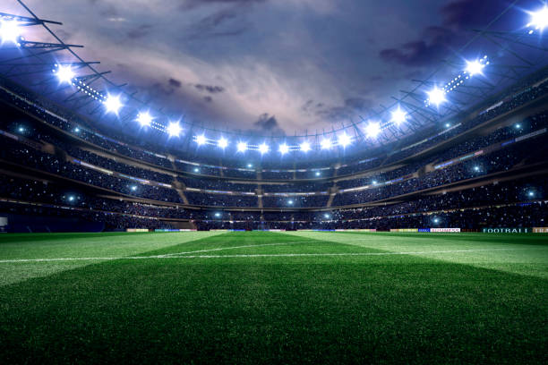 Dramatic soccer stadium Dramatic soccer stadium with bleachers full of people. Grass, lights stadium, and all other elements are made in 3D. soccer stock pictures, royalty-free photos & images