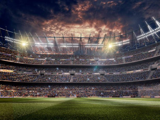 Dramatic soccer stadium Dramatic soccer stadium with bleachers full of people. Grass, lights stadium, and all other elements are made in 3D. bleachers photos stock pictures, royalty-free photos & images