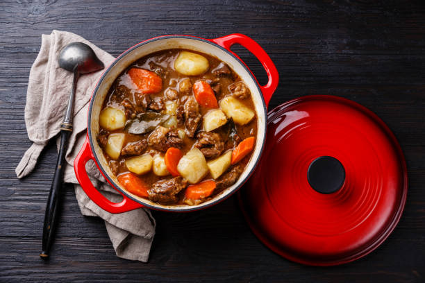 istock Beef meat stew pot with potatoes, carrots and spices 643637714