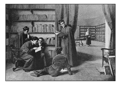 Antique dotprinted photo of paintings: Students reading forbidden books