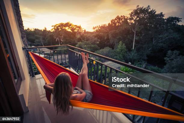 Woman In The Hammock Stock Photo - Download Image Now - Balcony, Hammock, Women