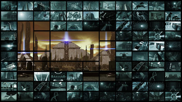 istock 3d rendering. Video wall with futuristic ancient city 643651398