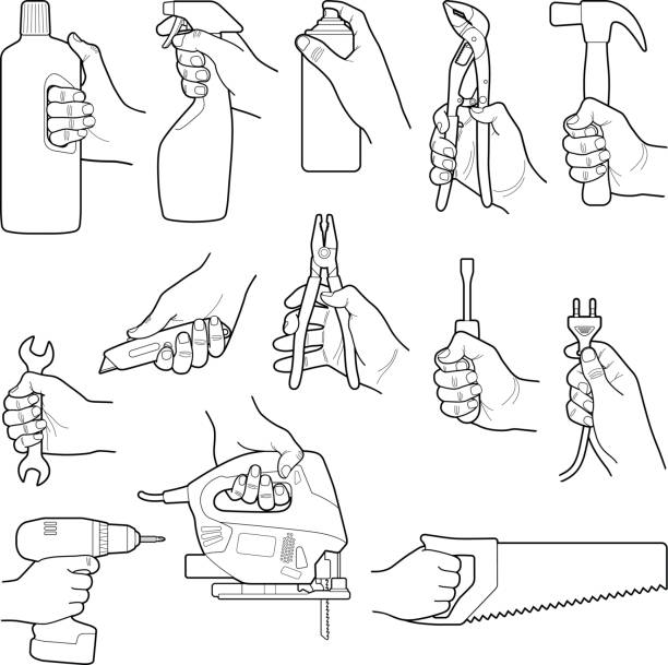 도구 모음-벡터 라인 일러스트 레이 션과 손 - hand drill drill electricity human hand stock illustrations