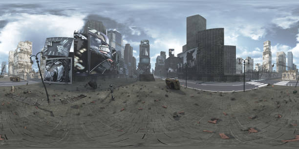 istock Panorama of ruined Time Square New York Manhattan. Equirectangular 643655110