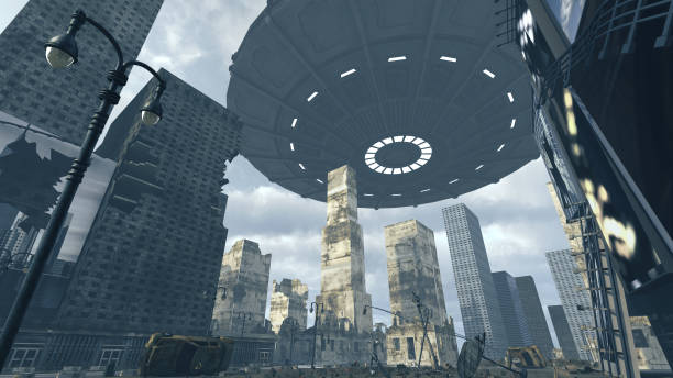 istock Alien UFO above Time Square New York Manhattan. 3D rendering 643656600