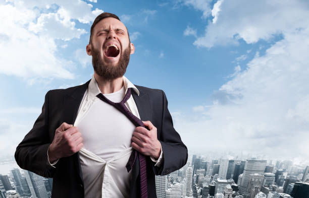 istock Business man screaming with open chest for text 643660252