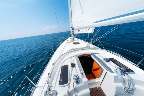 istock Sailing vessel moves in an open sea 643660380
