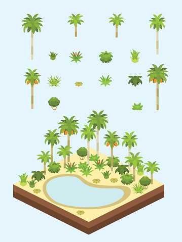 Date palm trees and bushes for game-style isometric Saharan/Arabian desert oasis scene.