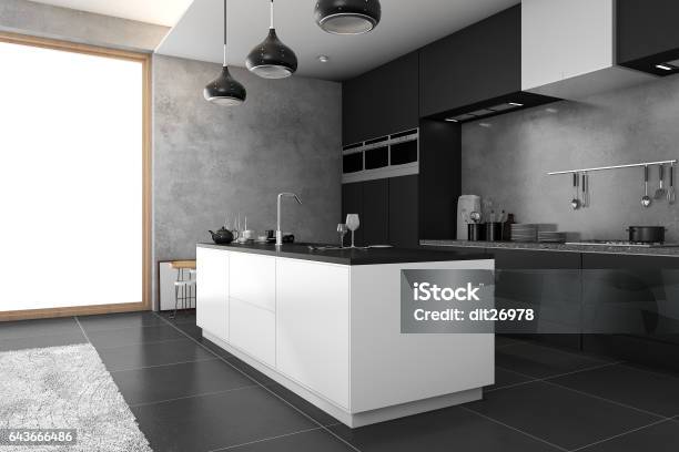 3d Rendering Loft Dark Kitchen Near Window Stock Photo - Download Image Now - Kitchen, Black Color, Modern