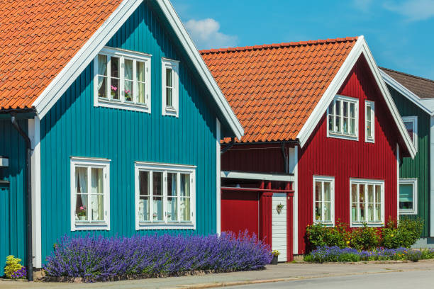 istock Old swedish houses in front of a blue sky 643669356