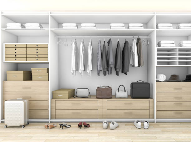 3d rendering minima passeggiata in legno nell'armadio con armadio - closet clothing indoors domestic room foto e immagini stock