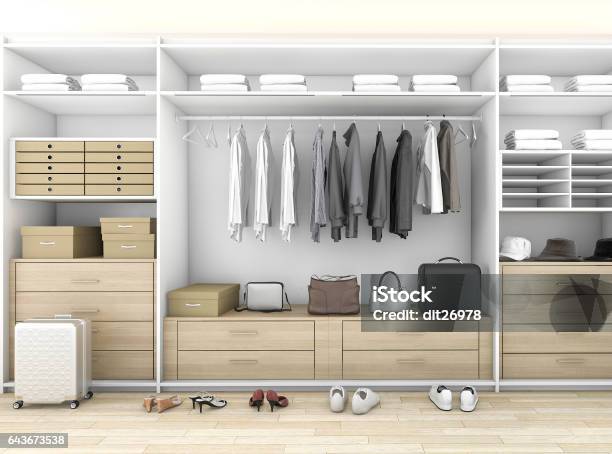 3d Rendering Minimal Wood Walk In Closet With Wardrobe Stock Photo - Download Image Now