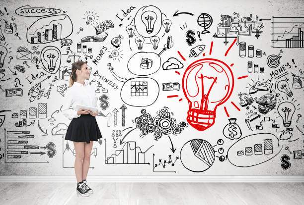 istock Girl with tablet and idea sketch on concrete 643677954