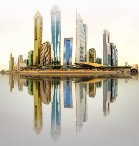 istock Panoramic view of metro station in Financial district, Dubai, UAE 643678462