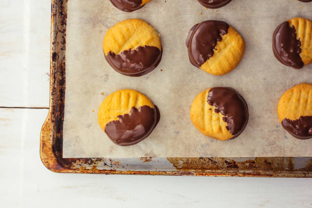 istock Shortbread cookies with chocolate top view 643678798