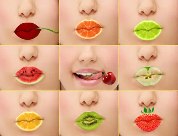 Photo of Woman's mouths with fruity lip gloss.