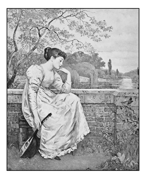 Antique photo of paintings: Woman portrait Antique dotprinted photo of paintings: Woman portrait bored teen stock illustrations