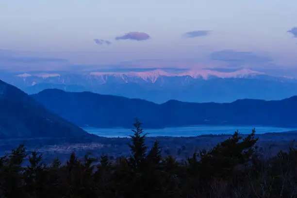 Photographed at the Ōmuroyama West Observatory: Southern Alps and Lake Motosu
