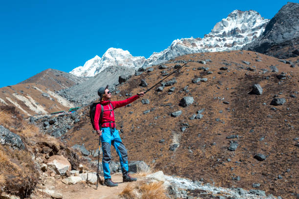 istock Young male Hiker pointing on Mountain Summit with walking Stick 643694388