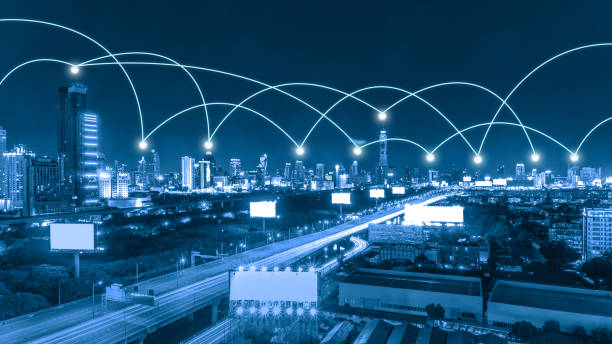 istock Blue tone city scape and network connection concept 643699256