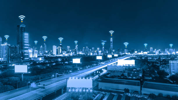 istock Blue tone city scape and network connection concept 643699520