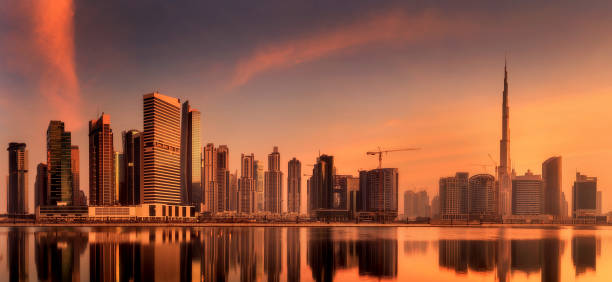 Panoramic view of Business bay and downtown area of Dubai, UAE stock photo