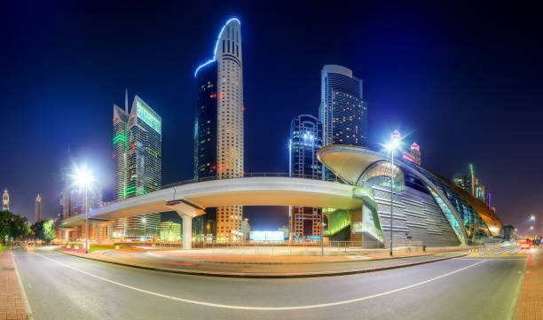 istock Panoramic view of metro station in Financial district, Dubai, UAE 643707988
