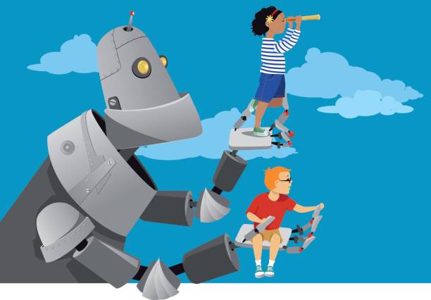 Computer science at school Giant robot holding little kids to the sky, helping them to look further ahead, EPS 8 vector illustration, no transparencies child robot class stock illustrations