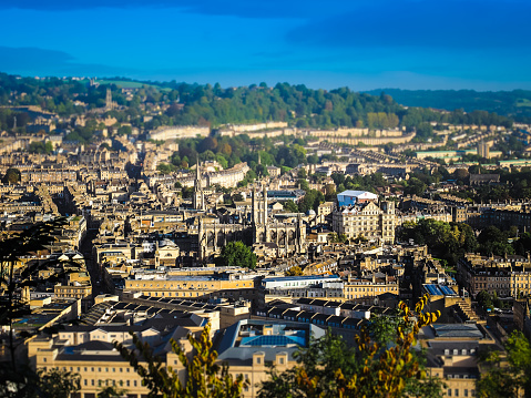 Aerial view of the city of Bath, UK - Toy tilt shift perspective effect with selective focus in centre