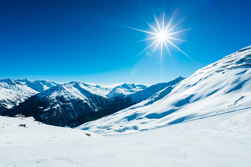 Winter ski resort Soelden, Tirol, Austria on sunny day.