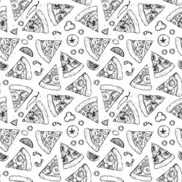 ilustrações, clipart, desenhos animados e ícones de mão desenhada vetor sem costura padrão - pizza. tipos de pizza: calabresa, margherita, havaiana, cogumelo. estilo de esboço - pizza pepperoni vector ingredient