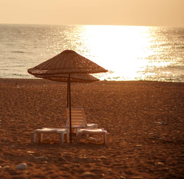 istock Dreamy beach with sun loungers under parasol on setting sun 643754456