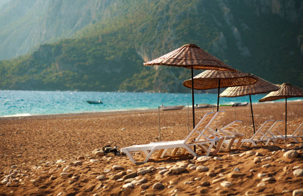 istock Dreamy beach with sun loungers under parasol 643754464