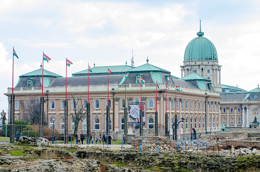 BUDAPEST, HUNGARY - FEBRUARY 20, 2016: Buda Castle is the historical castle and palace complex of the Hungarian kings in Budapest. In the past, it has been called Royal Palace and Royal Castle.