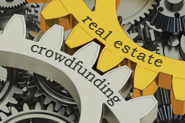 real estate crowdfunding concept on the gearwheels, 3D rendering real estate crowdfunding concept on the gearwheels, 3D rendering crowdfunding stock pictures, royalty-free photos & images