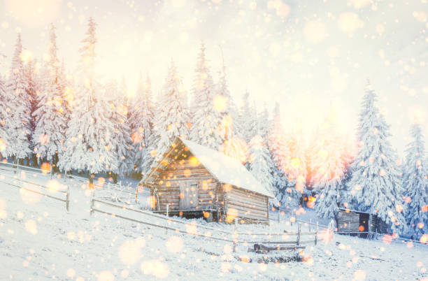cabin in the mountains in winter,