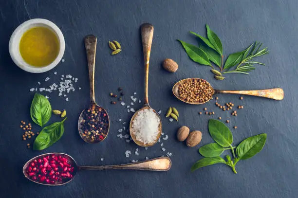 Photo of Herbs and spices on slate.