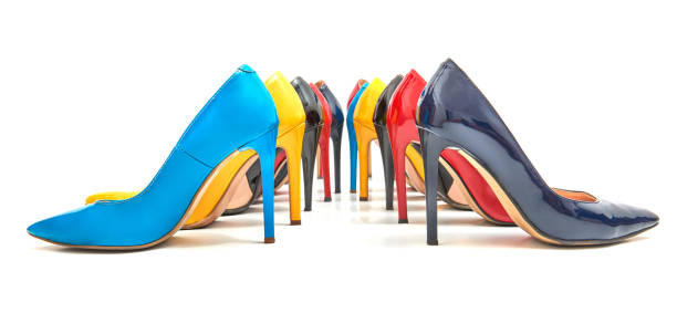 istock Multicolored women's shoes with high heels 643760304