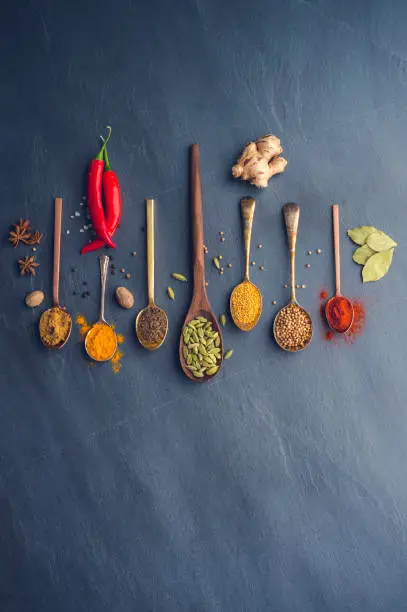 Photo of Variety of herbs and spices on slate background.