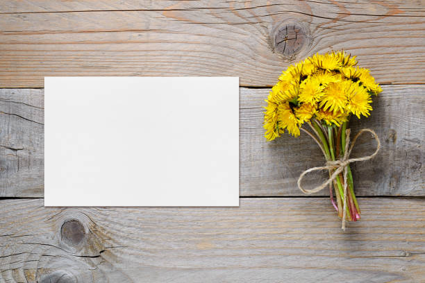 istock Dandelion flowers and blank card on wooden table 643764424