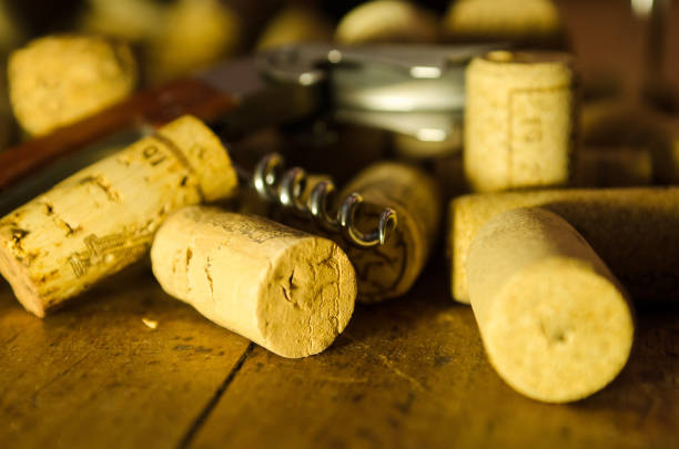istock Assorted wine corks and and corkscrew on wooden background 643768514