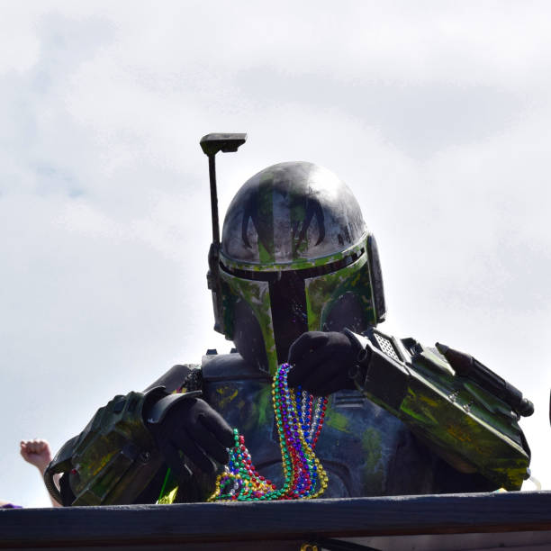 boba fett feiert karneval galveston 2017 mit einer parade. - boba fett stock-fotos und bilder