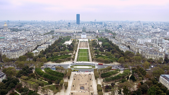 Paris aerial view of Champ de Mars or Field of Mars the large public greenspace in Paris, France