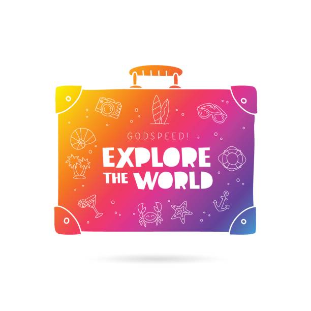 Godspeed! Explore the world Rainbow suitcase with inscription - Godspeed! Explore the world, and summer icons. Trend lettering. Vector illustration on white background. godspeed stock illustrations