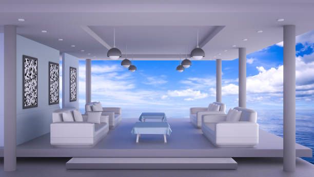 istock Beach lounge with sea and blue sky , Interiors 3D Rendering 643824680