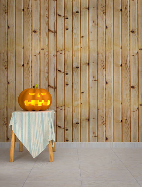 istock Halloween pumpkin with wooden background 643824686