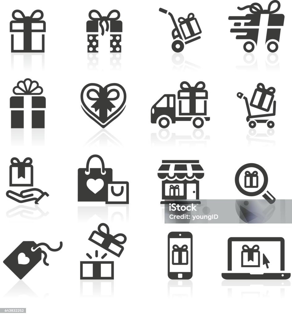 Gift Giving and Shopping Icons Gift giving and receiving, gift delivery, gift shopping online and off, gift bags, gift boxes, gift wrapping and more. Icon Symbol stock vector