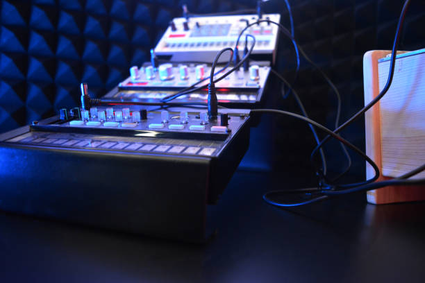 istock Electronic musical instrument or audio mixer or sound equalizer with patch cables (analog modular synthesizer) 643834986