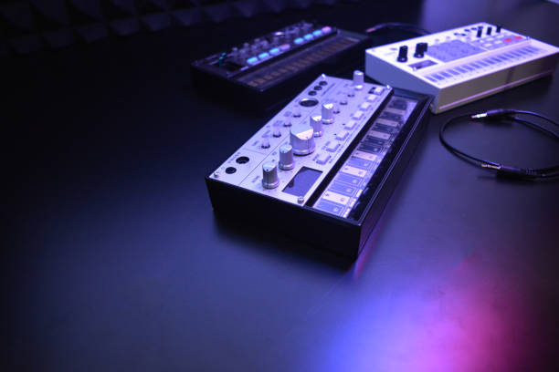 istock Electronic musical instrument or audio mixer or sound equalizer with patch cables (analog modular synthesizer) 643835004