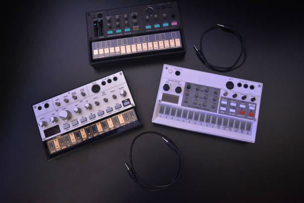 Electronic musical instrument or audio mixer or sound equalizer with patch cables (analog modular synthesizer)